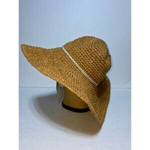 NWT Straw Sun Hat Tan Woven Wide Brim Beachy Adjustable Crown Rafia Vacation